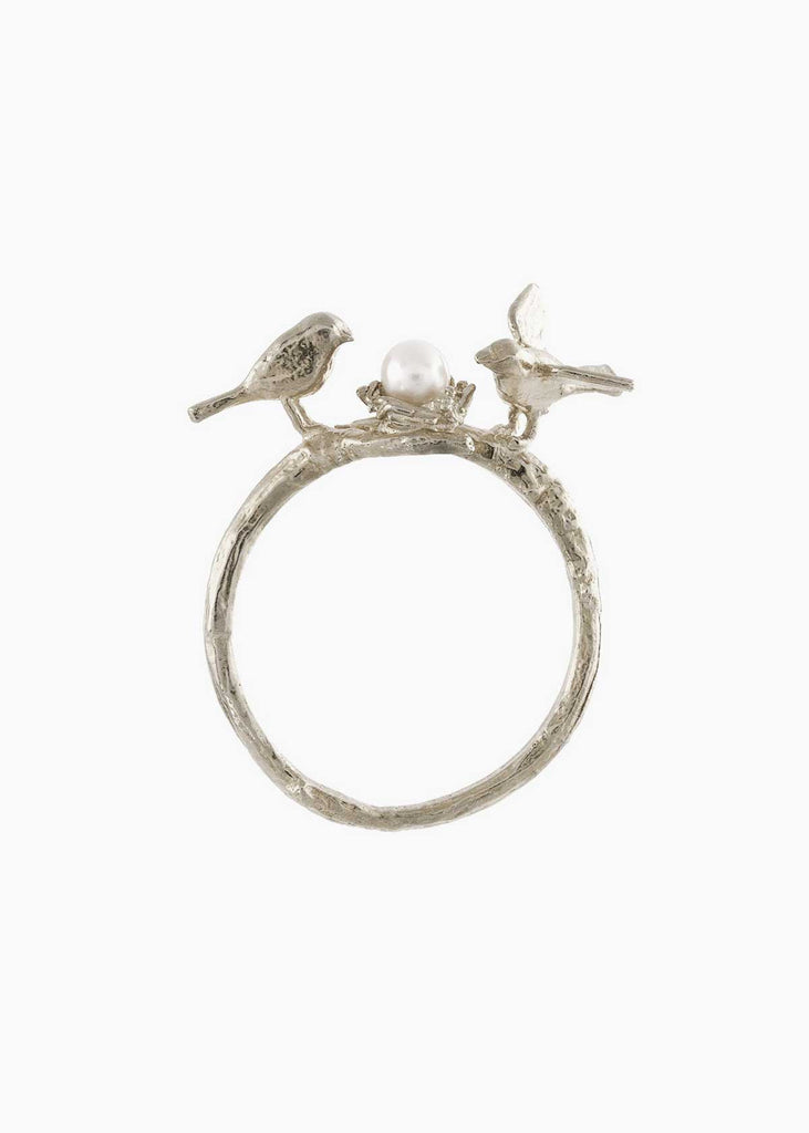 Alex Monroe Sterling Silver & Pearl Birds & Nest Ring