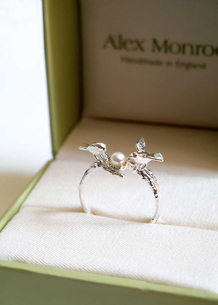 Alex Monroe Sterling Silver & Pearl Birds & Nest Ring