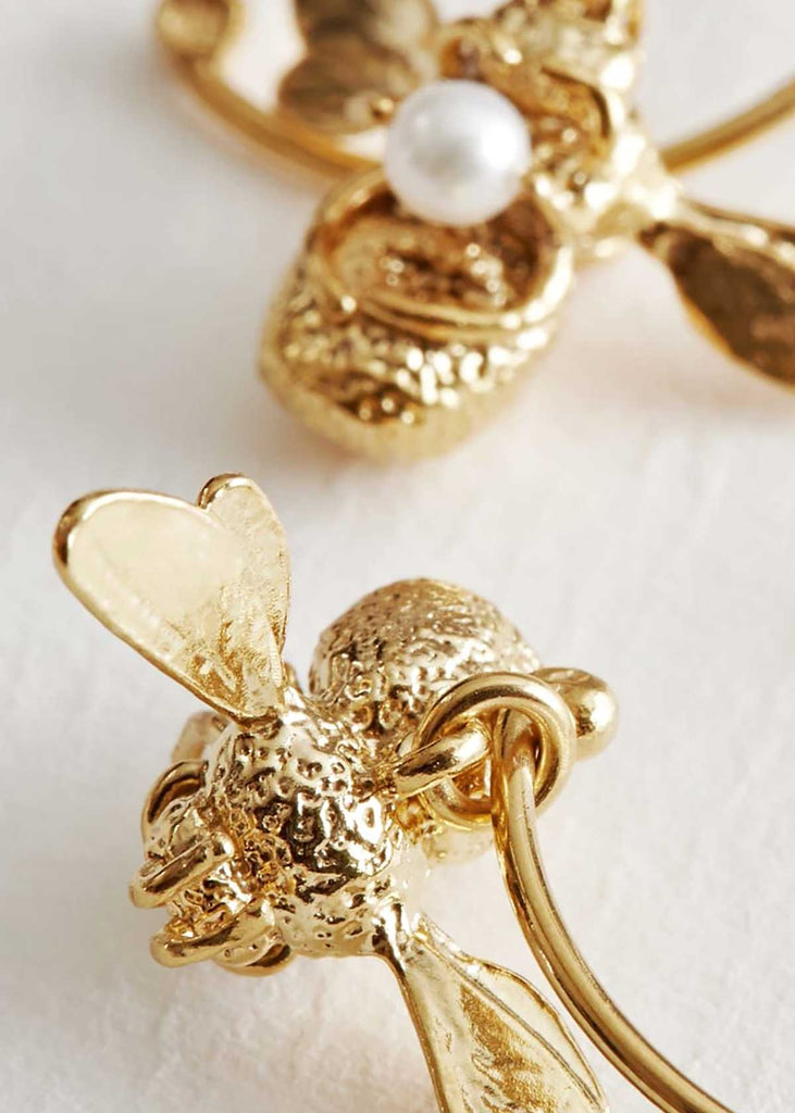 Alex Monroe Gold Plated Flying Bee with Pearl Hoop Earrings