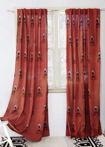 Ichcha Woodblock Printed Cotton Curtain Coral Rust