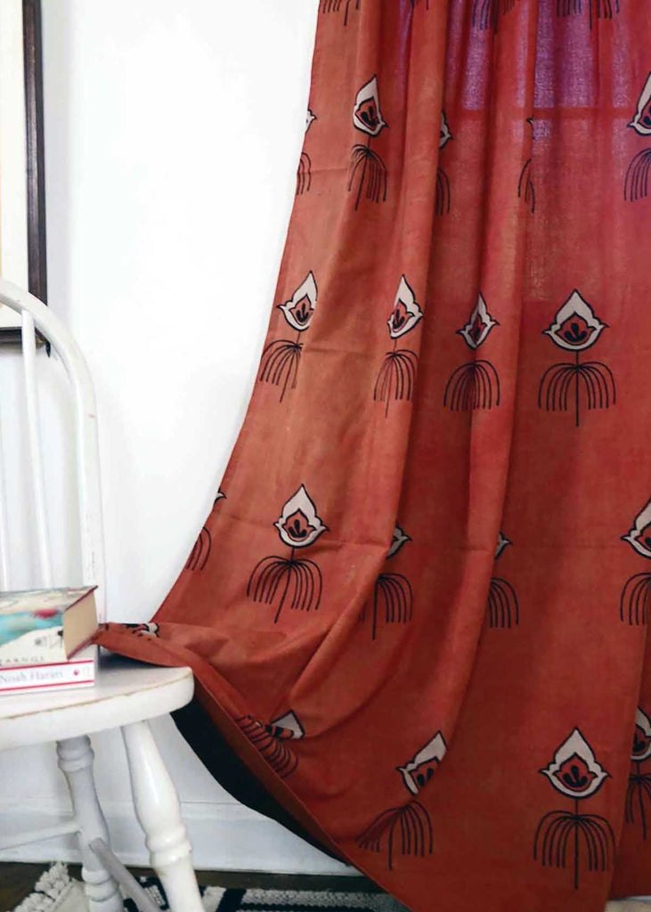 Ichcha Woodblock Printed Cotton Curtain Coral Rust